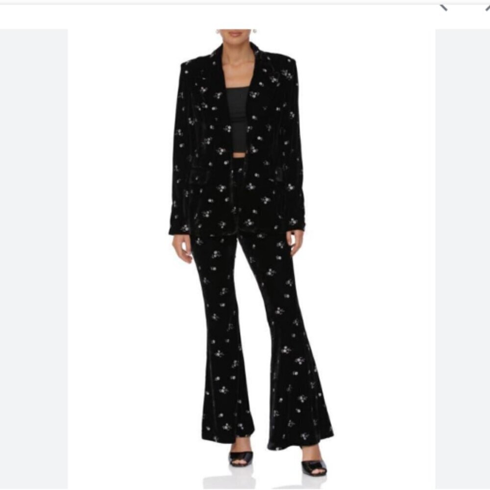 Avec Les Filles Black Velvet Silver Floral Embroidered Flared Pants Size Large